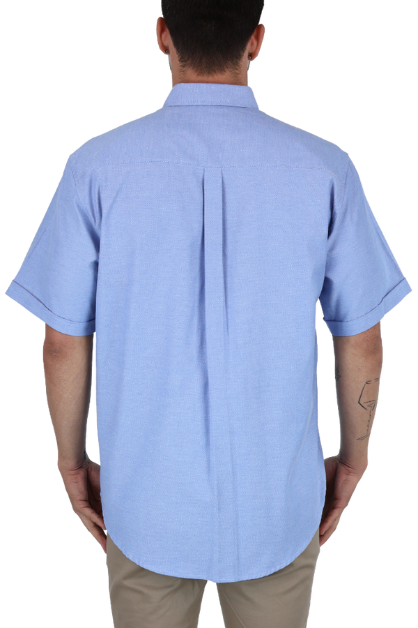 Camisa Manga Corta Color Azul Con Bolsa Cuello Americano Para Hombre